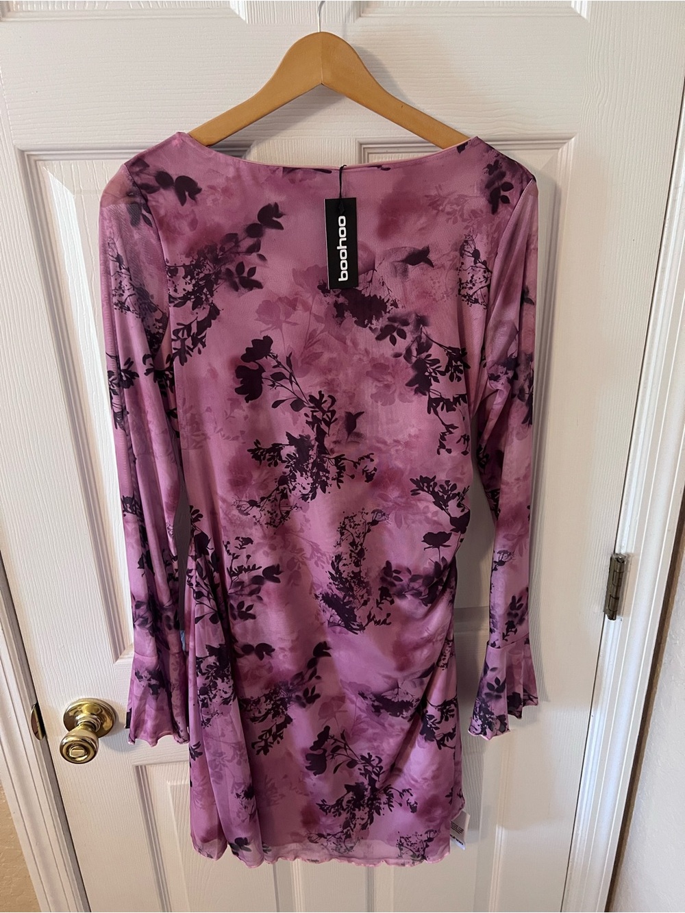 BOOHOO Floral Mesh Ruched Mini Dress Purple Pink Y2K Flared Sleeve NWT